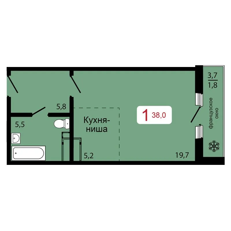 1-комнатная, 38 м²