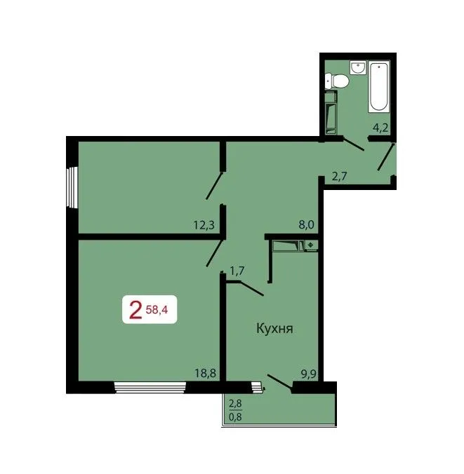 2-комнатная, 58,4 м²