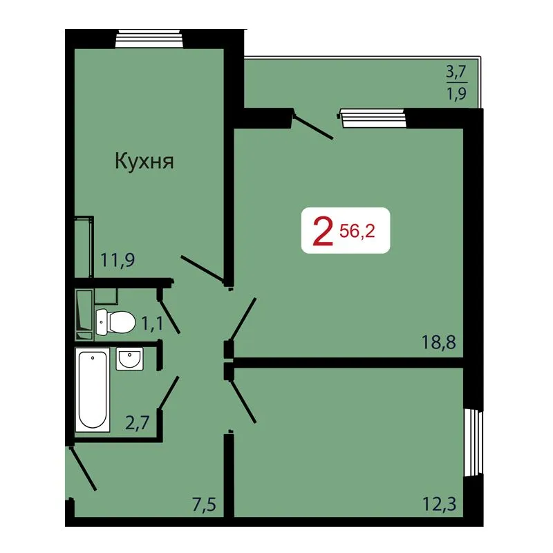 2-комнатная, 56,2 м²