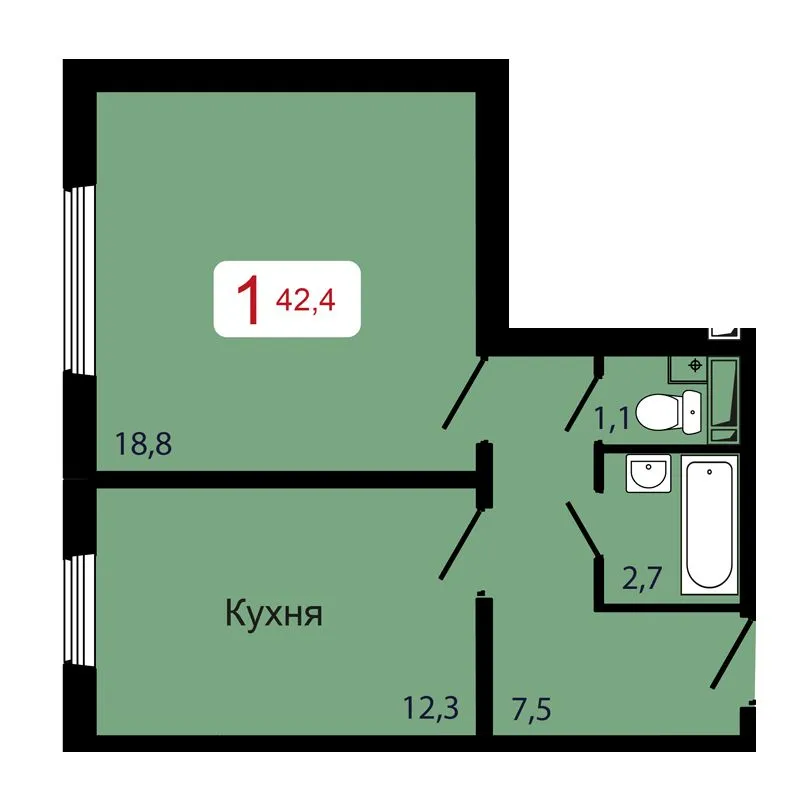 1-комнатная, 42,4 м²