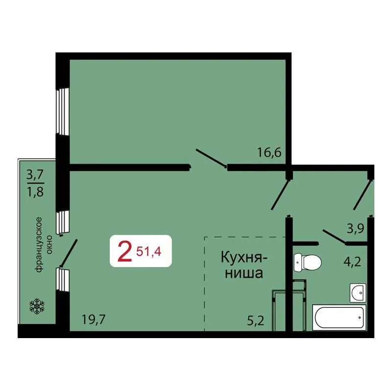 2-комнатная, 51,4 м²