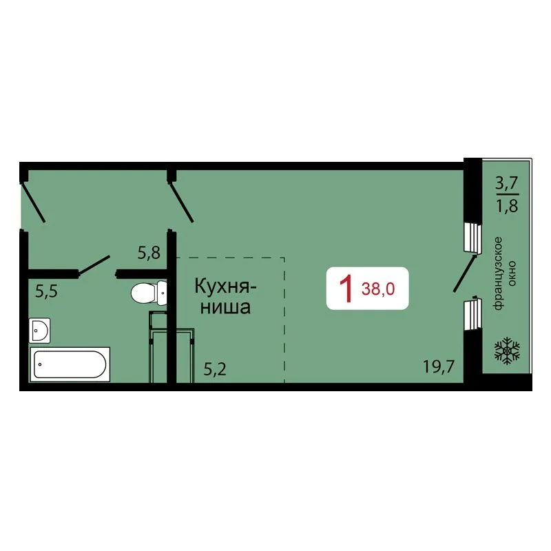 1-комнатная, 38 м²