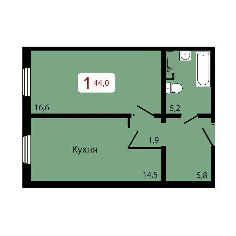 1-комнатная, 44 м²