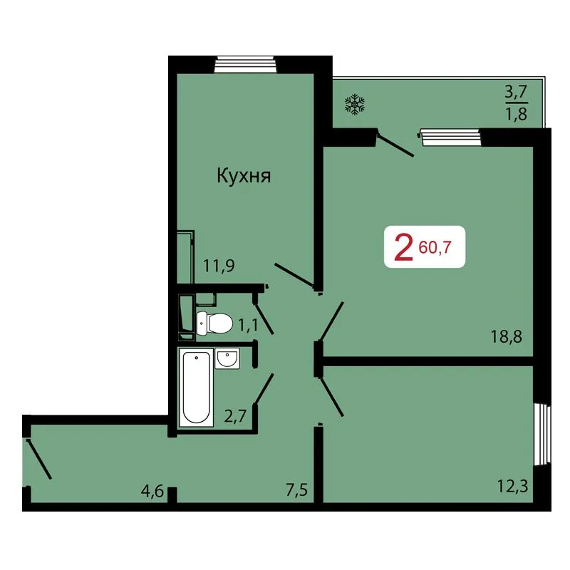 2-комнатная, 60,7 м²