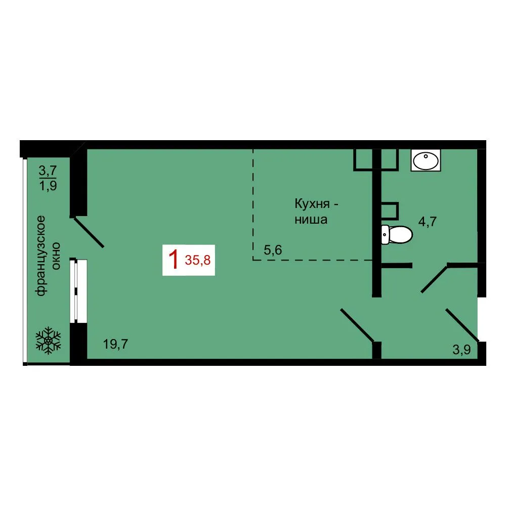 1-комнатная, 35,8 м²