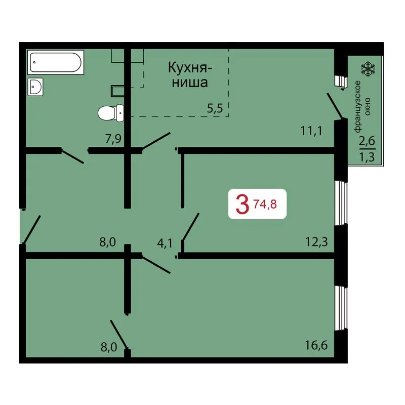 3-комнатная, 74,8 м²