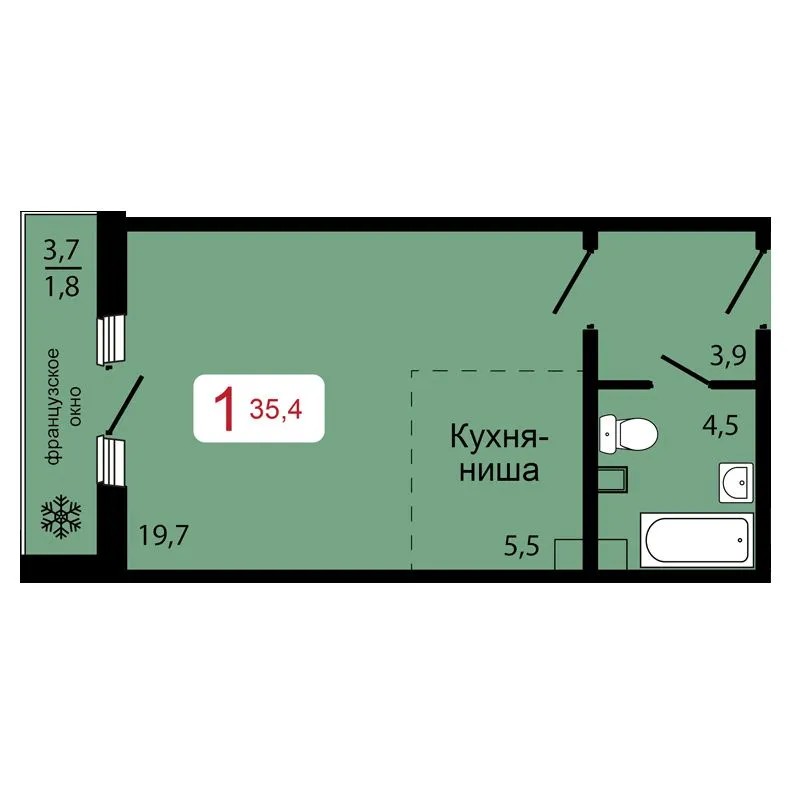 1-комнатная, 35,4 м²