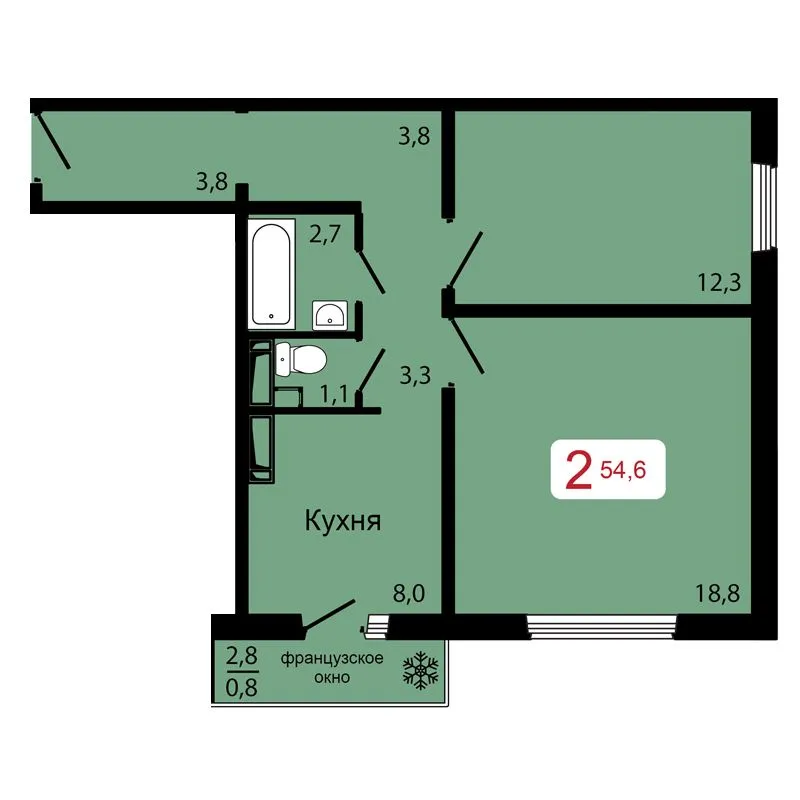 2-комнатная, 54,6 м²
