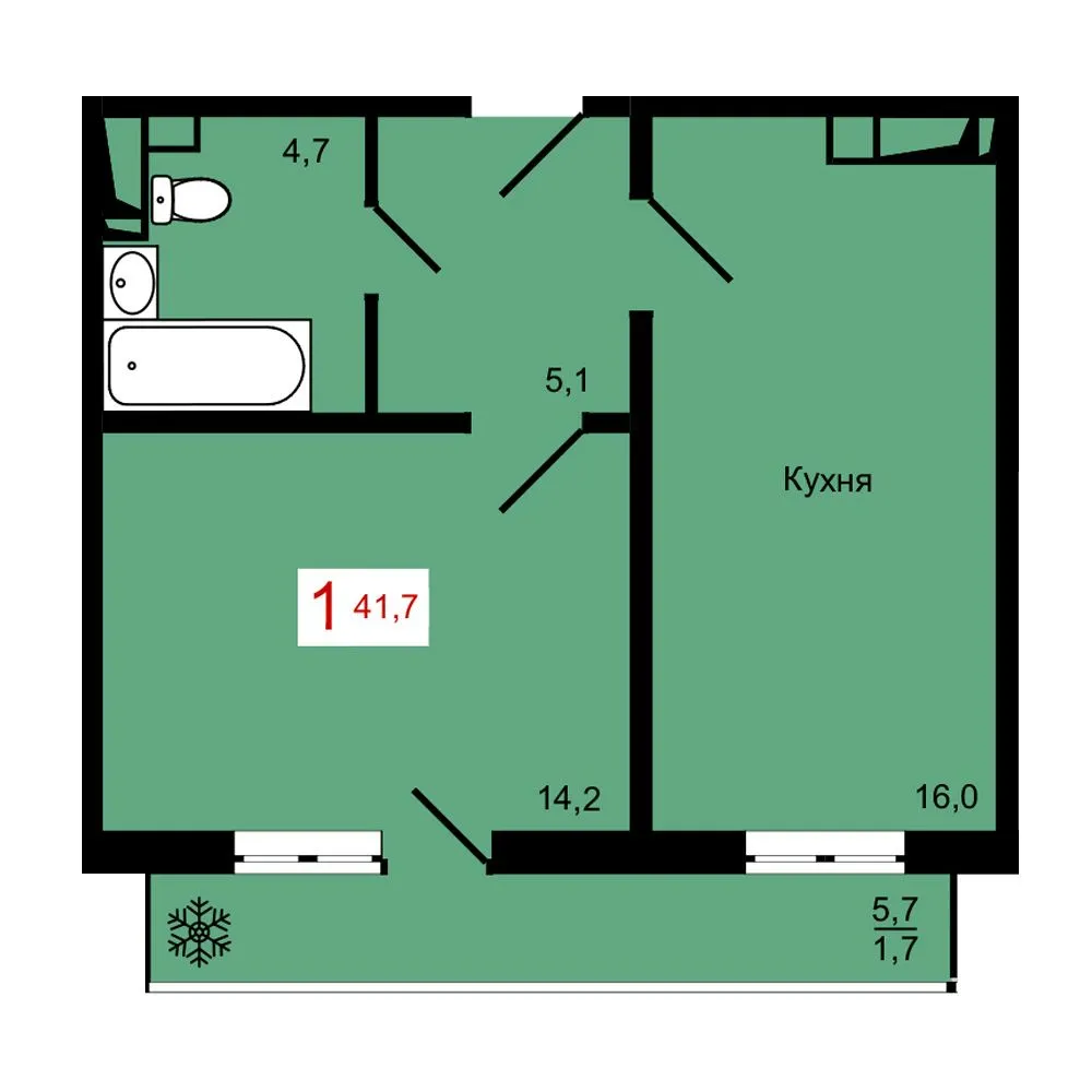 1-комнатная, 41,7 м²