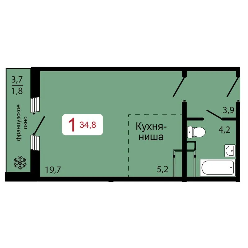 1-комнатная, 34,8 м²