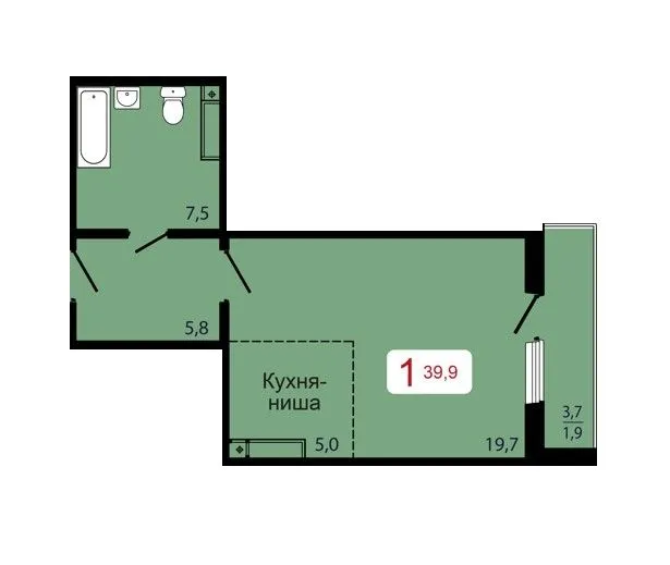 1-комнатная, 39,9 м²