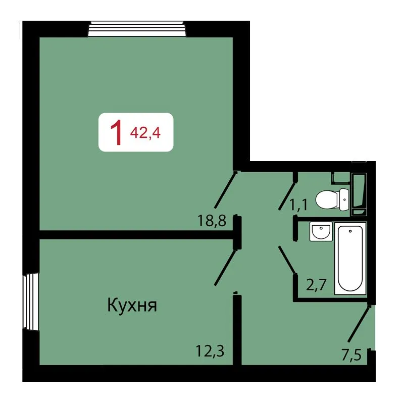 1-комнатная, 42,4 м²
