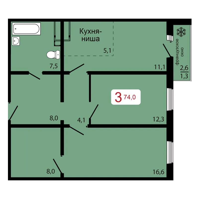3-комнатная, 74 м²