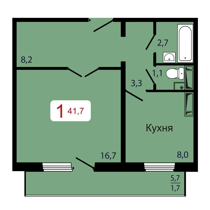 1-комнатная, 41,7 м²