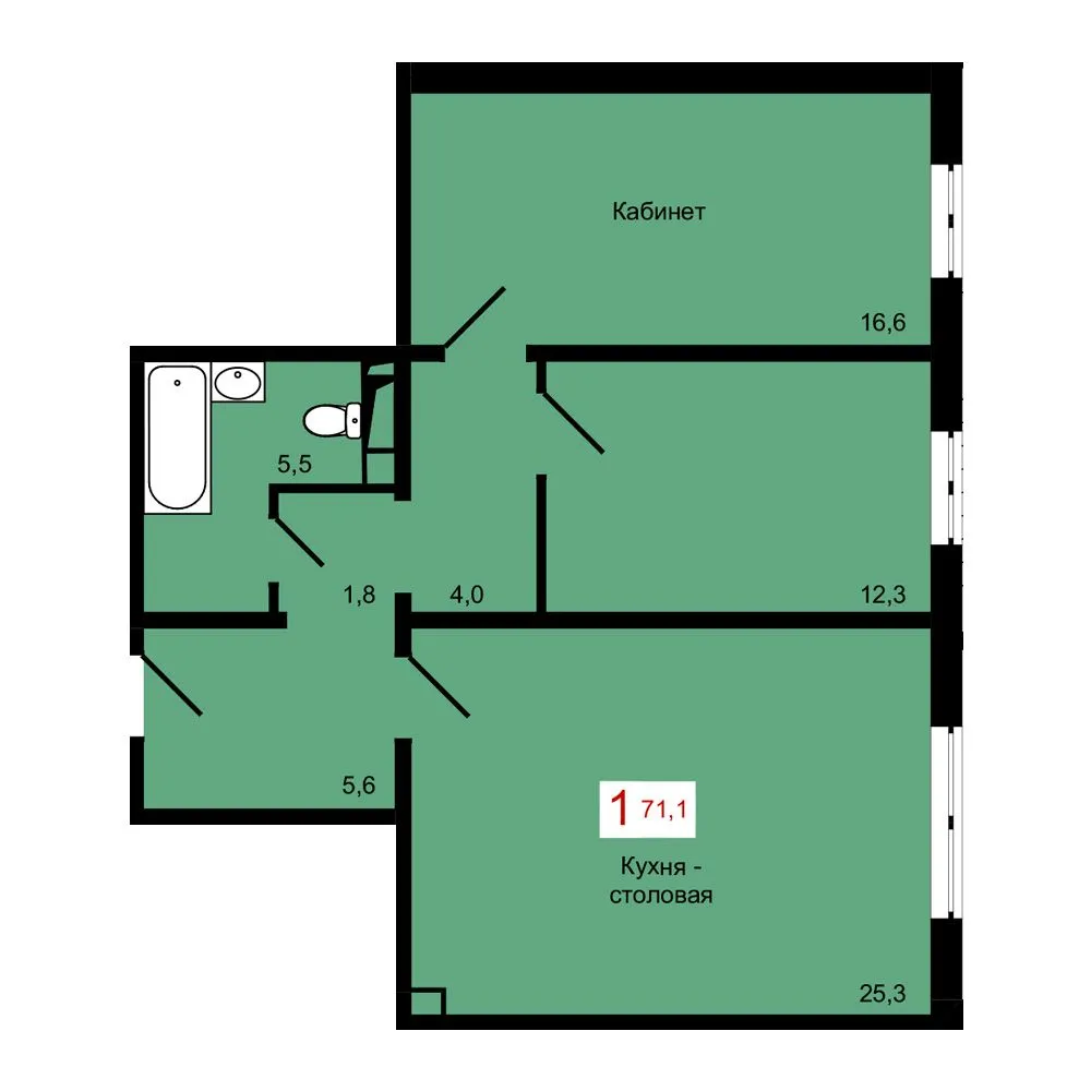 1-комнатная, 71,1 м²