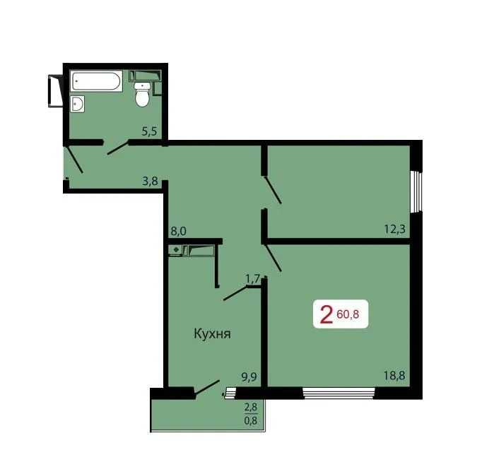 2-комнатная, 60,8 м²