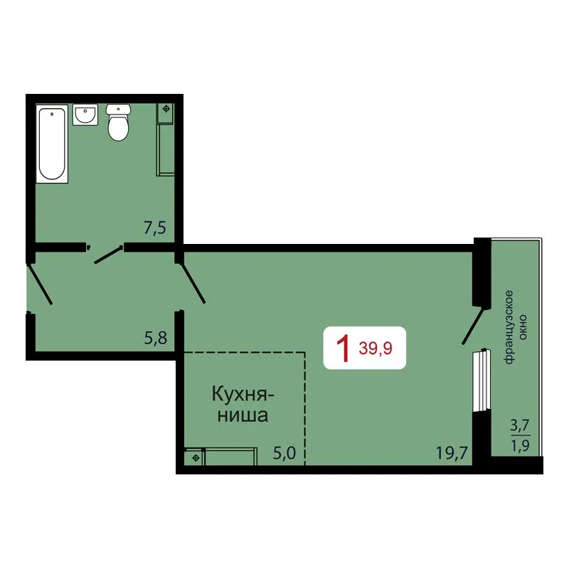 1-комнатная, 39,9 м²