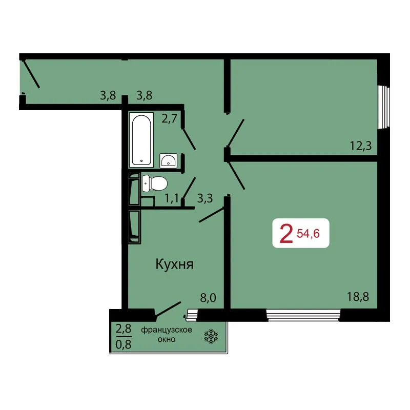 2-комнатная, 54,6 м²
