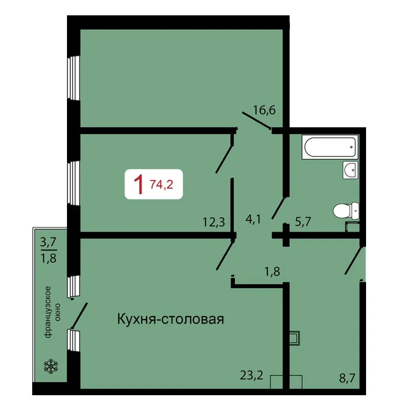 1-комнатная, 74,2 м²