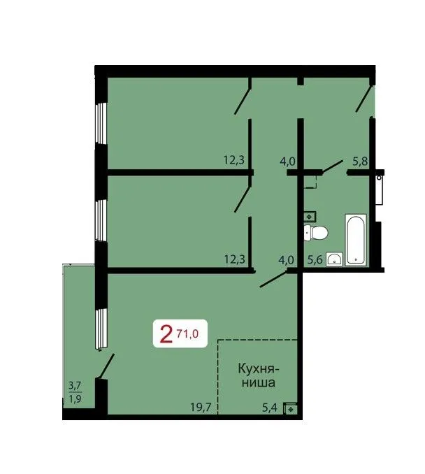 2-комнатная, 71 м²