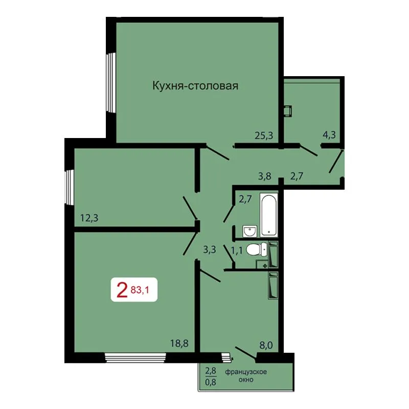 2-комнатная, 83,1 м²