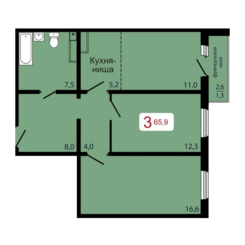 3-комнатная, 65,9 м²