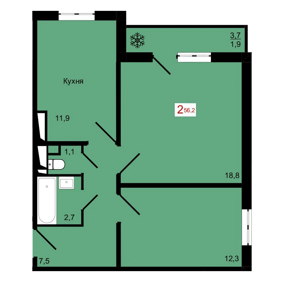 2-комнатная, 56,2 м²
