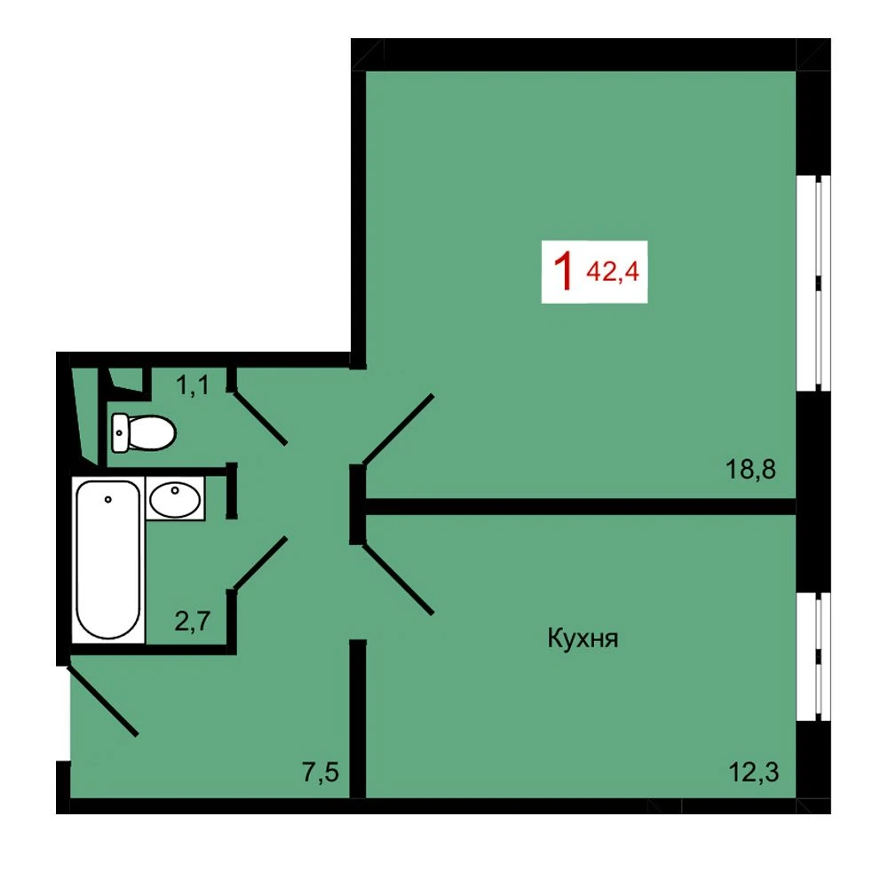 1-комнатная, 42,4 м²