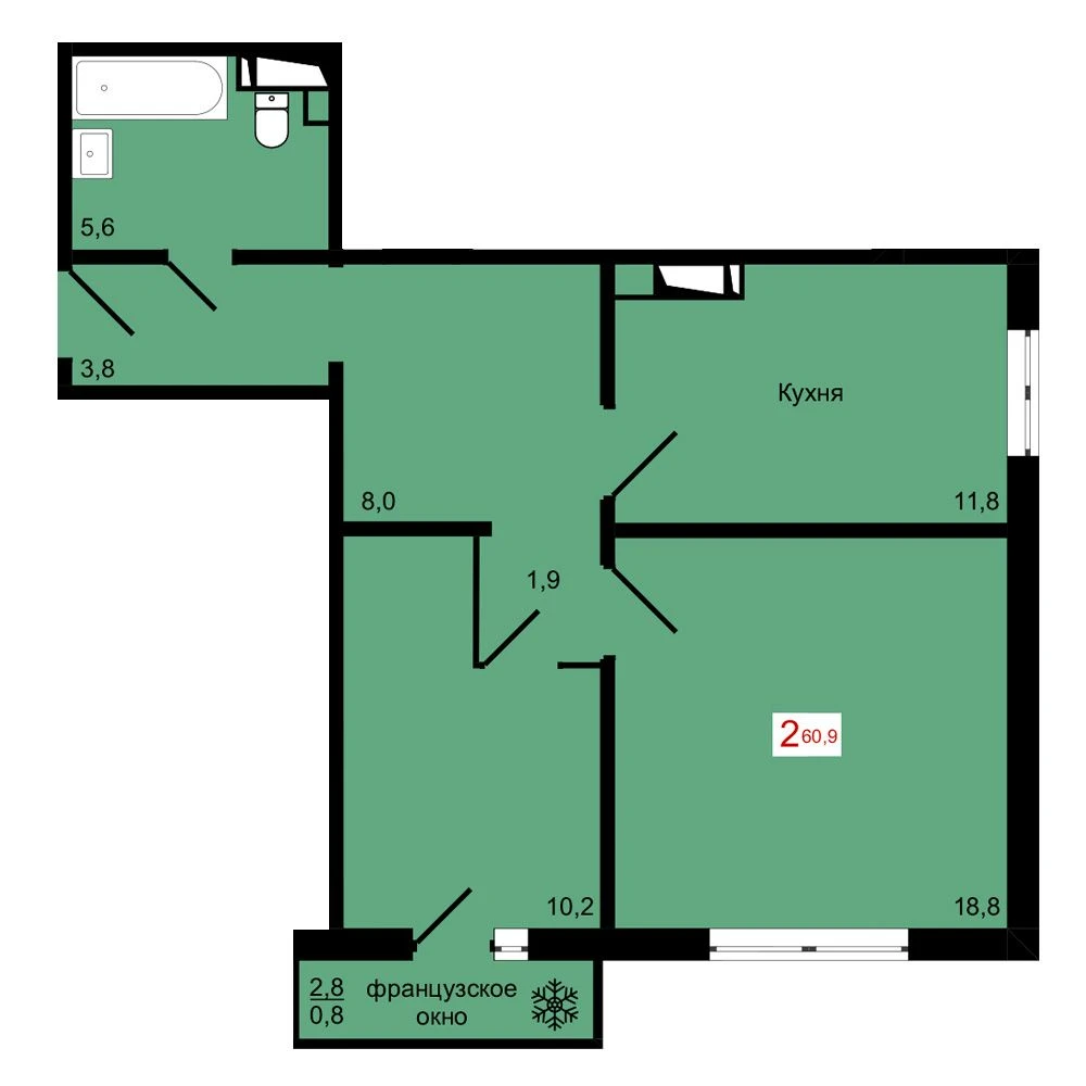 2-комнатная, 60,9 м²