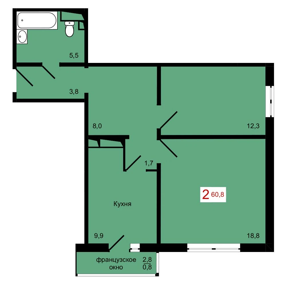 2-комнатная, 60,8 м²