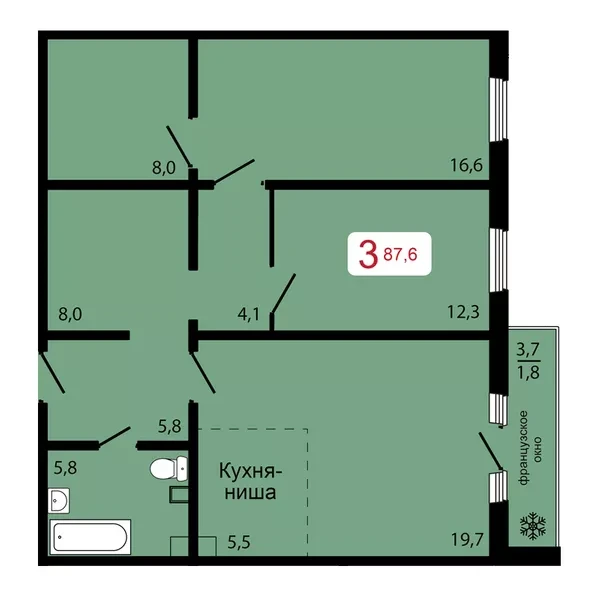 3-комнатная, 87,6 м²