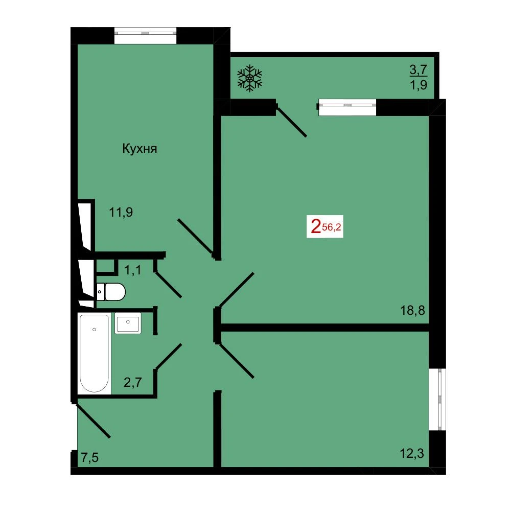 2-комнатная, 56,2 м²