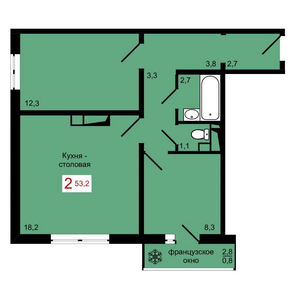 2-комнатная, 53,2 м²