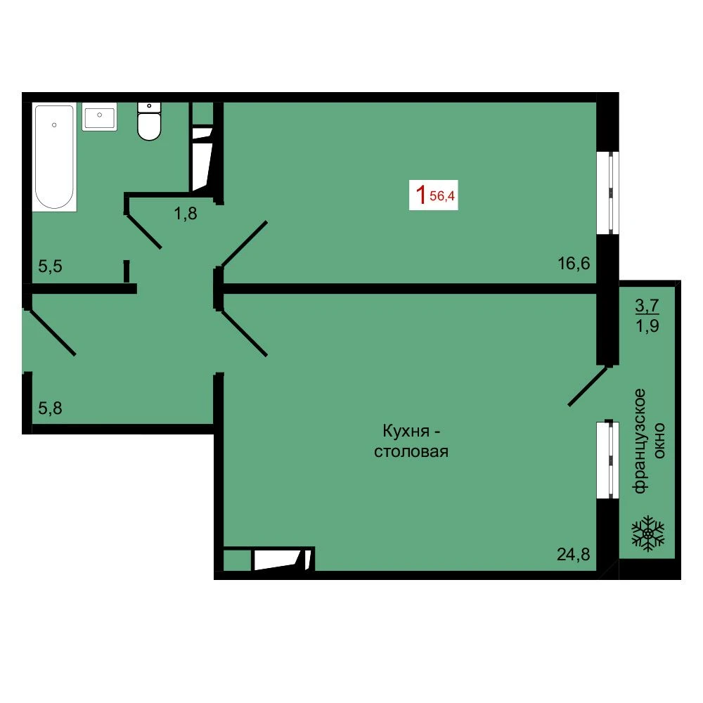 1-комнатная, 56,4 м²