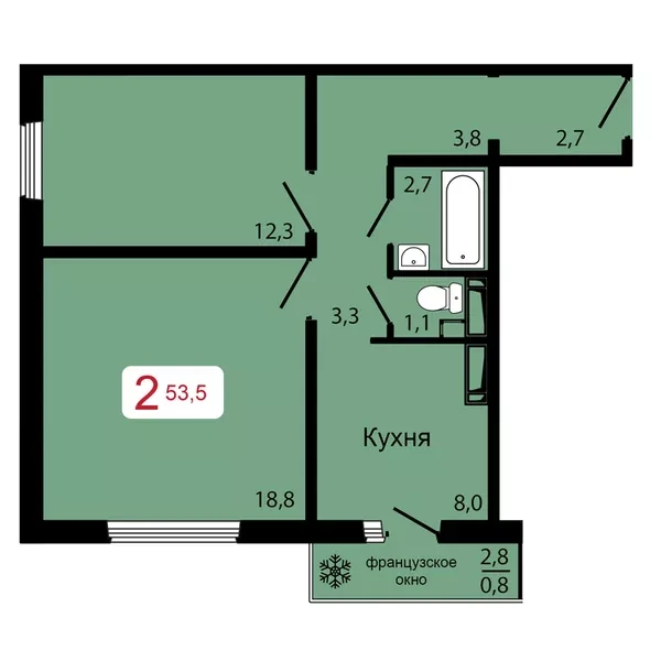 2-комнатная, 53,5 м²