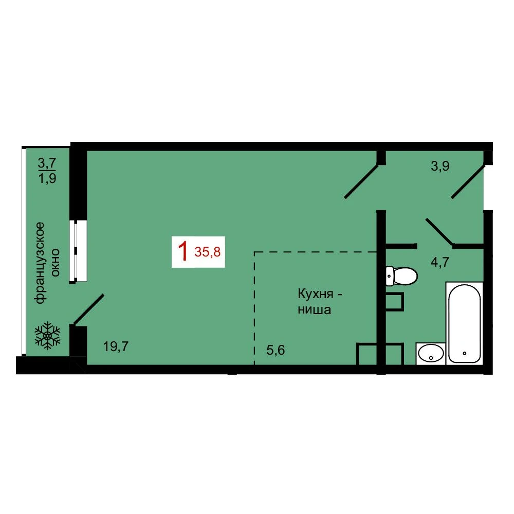 1-комнатная, 35,8 м²
