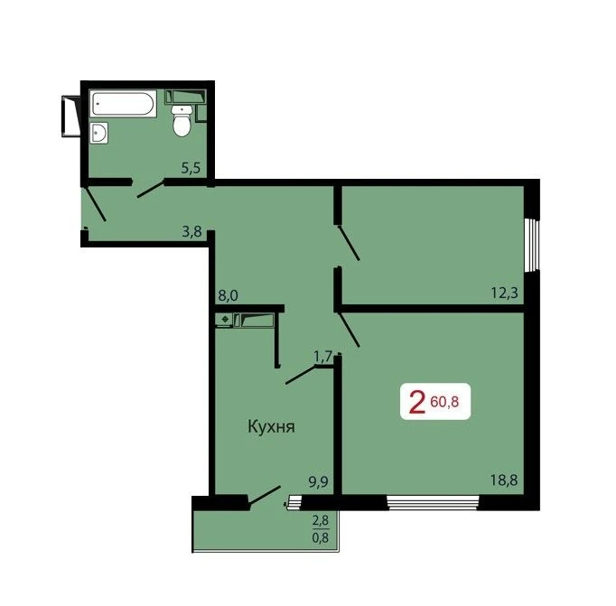2-комнатная, 60,8 м²