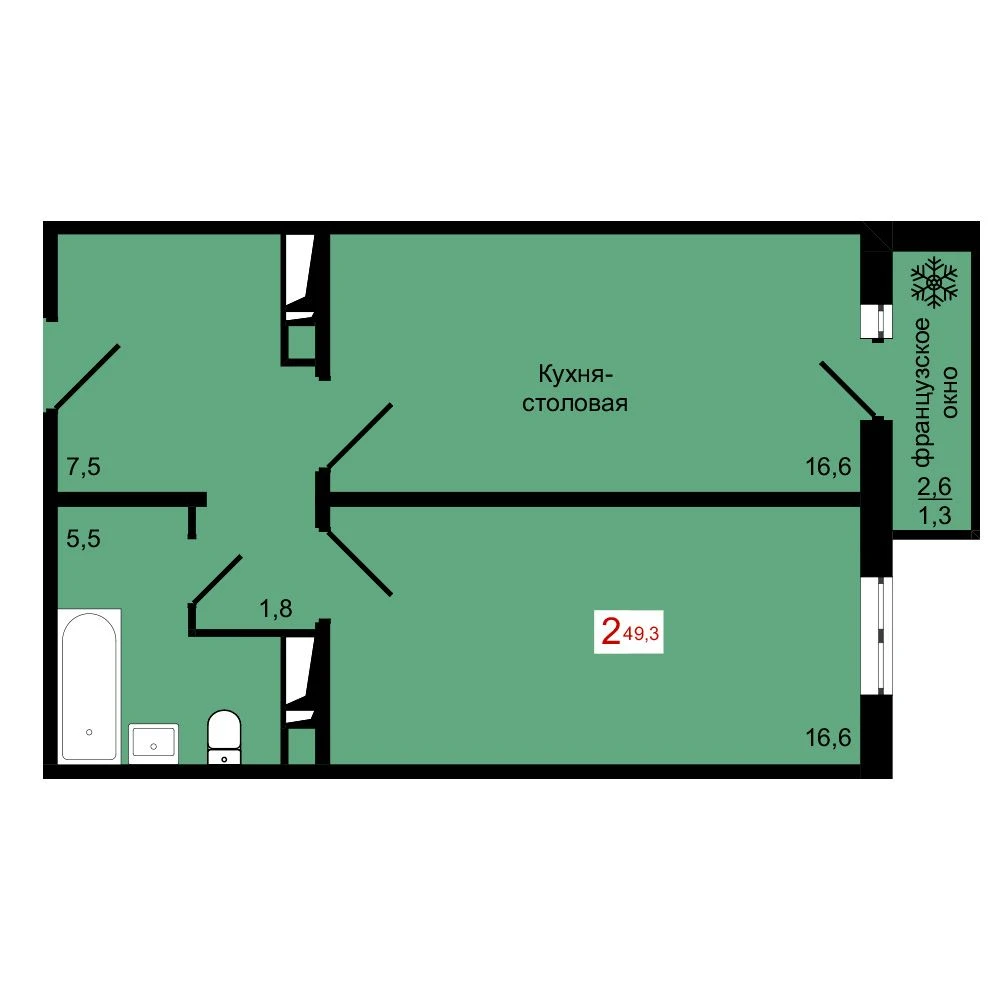 1-комнатная, 49,3 м²