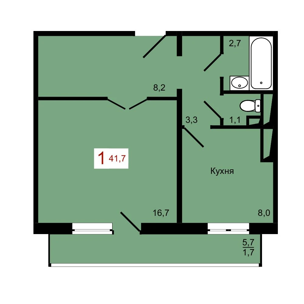 1-комнатная, 41,7 м²