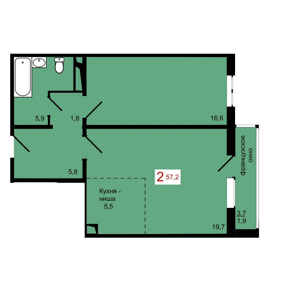 2-комнатная, 57,2 м²