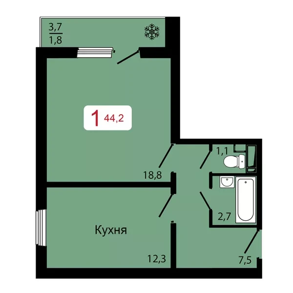 1-комнатная, 44,2 м²