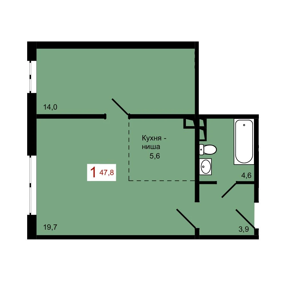 1-комнатная, 47,8 м²