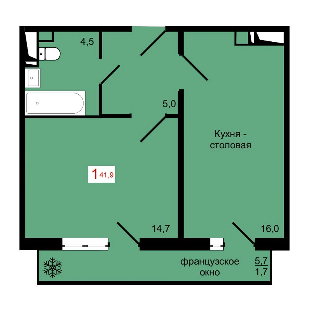 1-комнатная, 41,9 м²