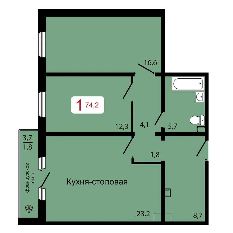 1-комнатная, 74,2 м²