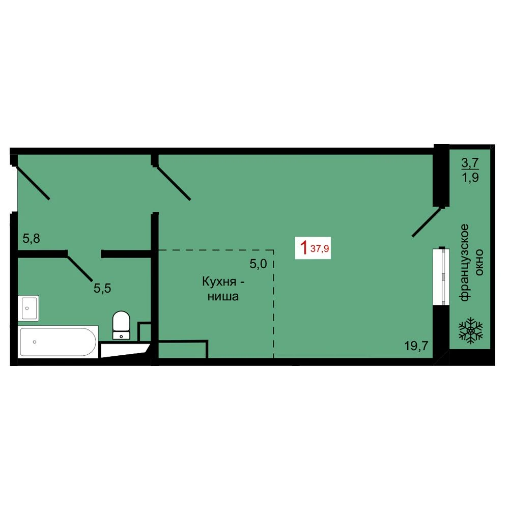 1-комнатная, 37,9 м²