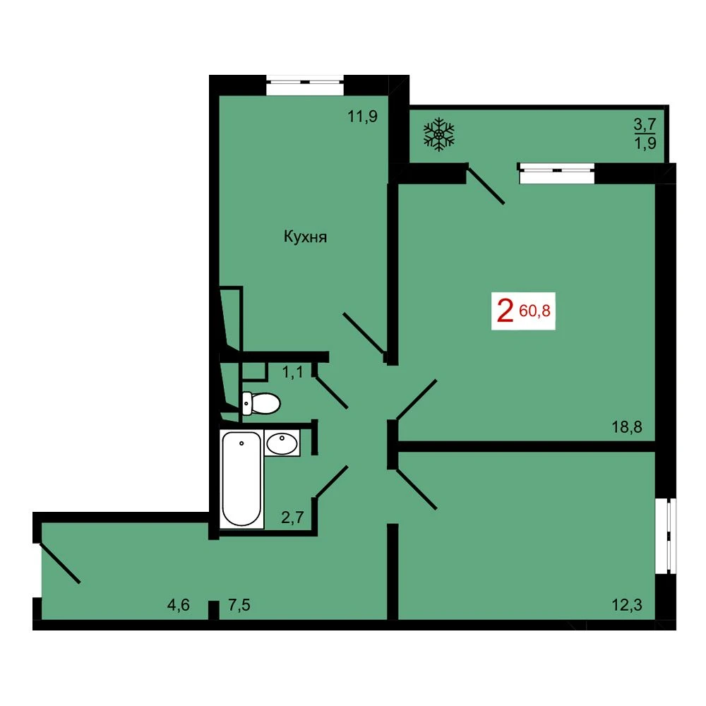 2-комнатная, 60,8 м²