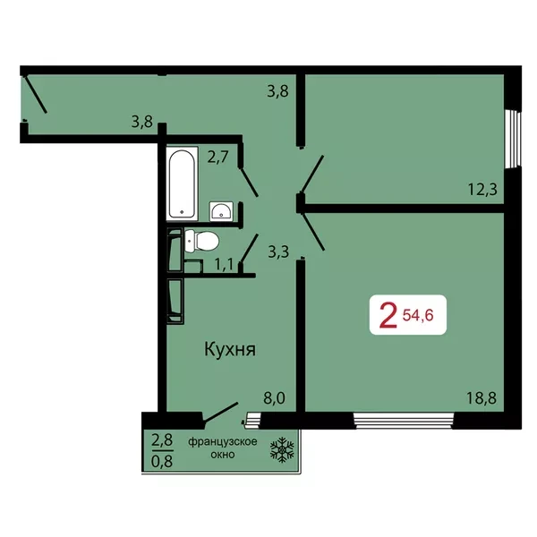 2-комнатная, 54,6 м²
