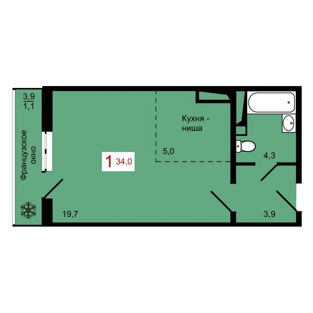 1-комнатная, 34 м²