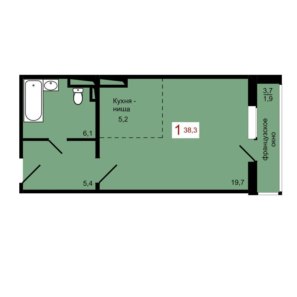 1-комнатная, 38,3 м²