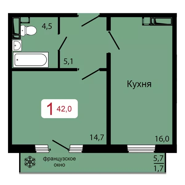 1-комнатная, 42 м²